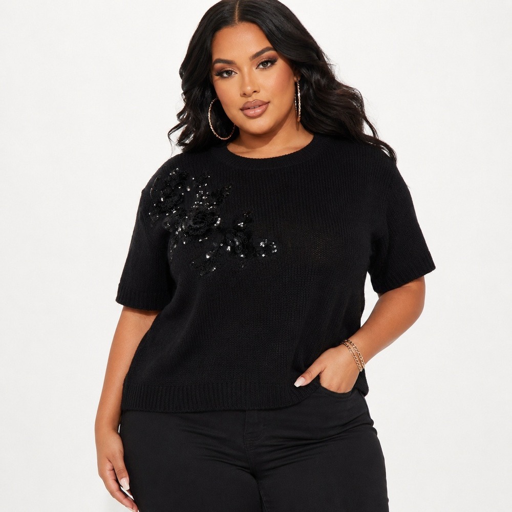 Montgomery Port  Womens 2X Black Short‎ Sleeve Sequin Floral Knit Sweater Top